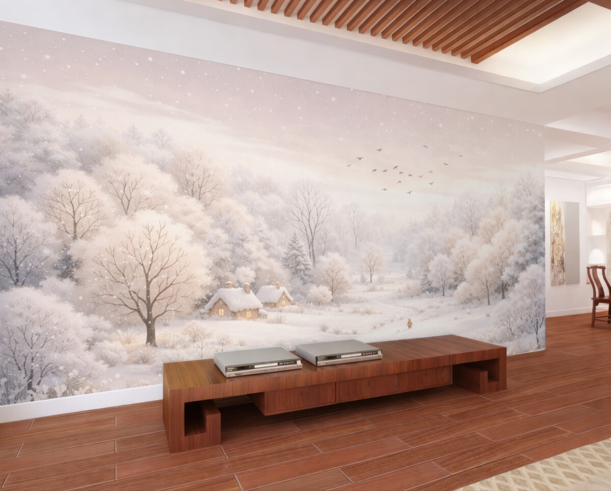 Fototapeta Zimowy las z drzewami, niewielkimi domkami, ptakami oraz śniegiem w delikatnym akwarelowym stylu.