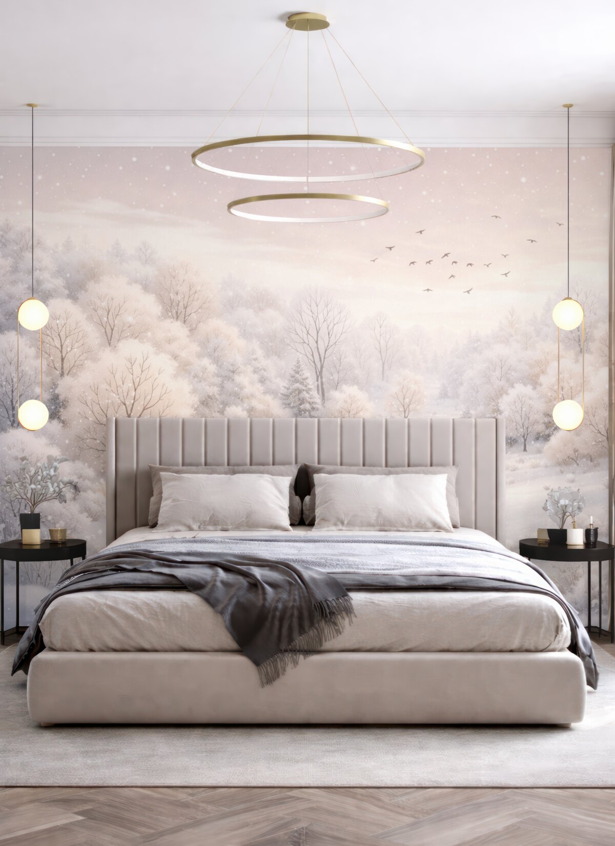 Fototapeta Zimowy las z drzewami, niewielkimi domkami, ptakami oraz śniegiem w delikatnym akwarelowym stylu.