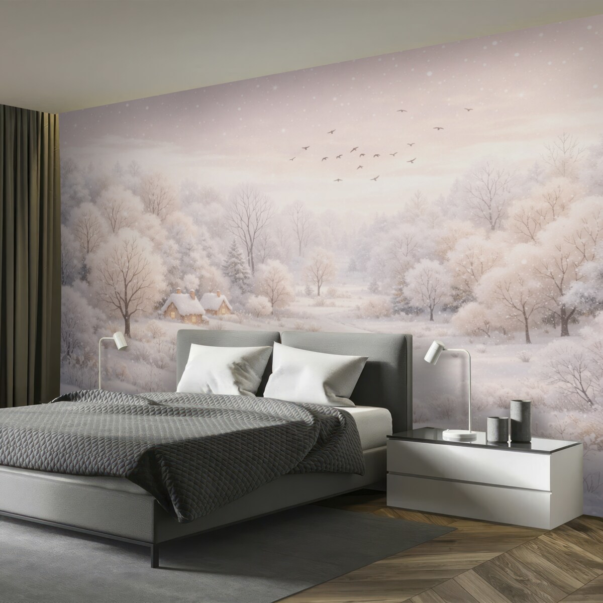 Fototapeta Zimowy las z drzewami, niewielkimi domkami, ptakami oraz śniegiem w delikatnym akwarelowym stylu.