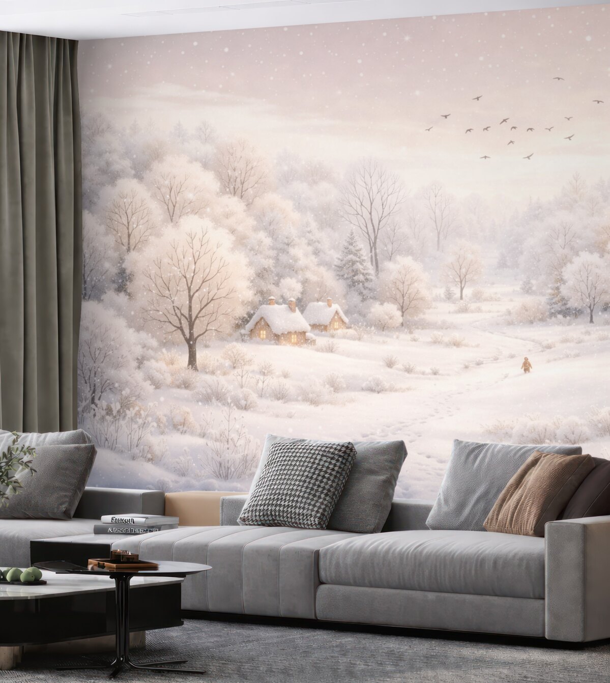 Fototapeta Zimowy las z drzewami, niewielkimi domkami, ptakami oraz śniegiem w delikatnym akwarelowym stylu.