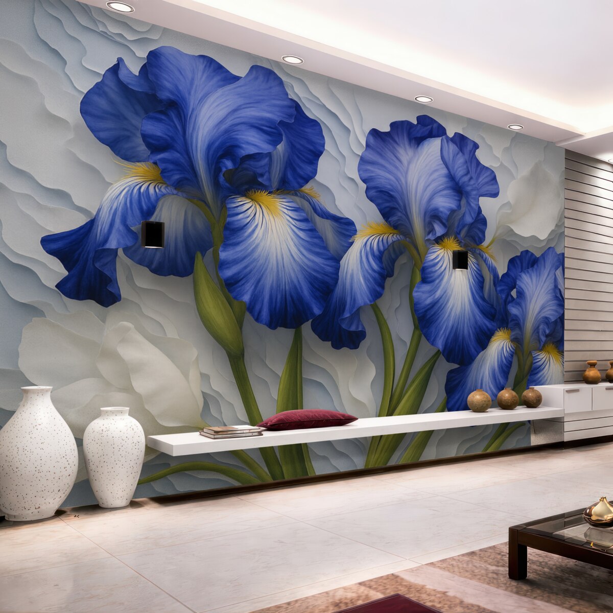 Fototapeta Białe oraz niebieskie irysy w technice akwarelowej.