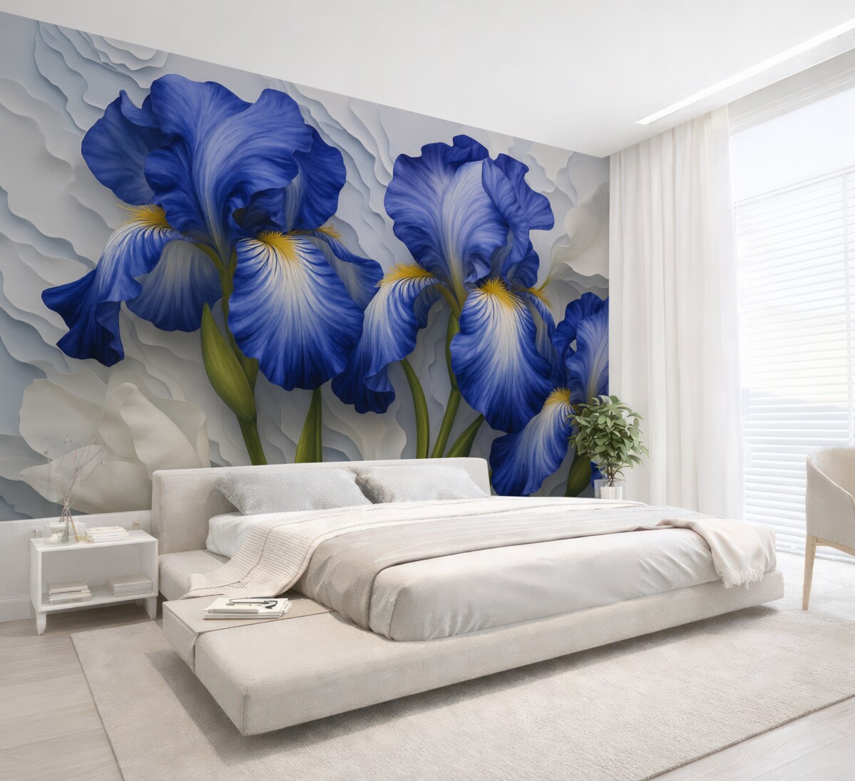 Fototapeta Białe oraz niebieskie irysy w technice akwarelowej.