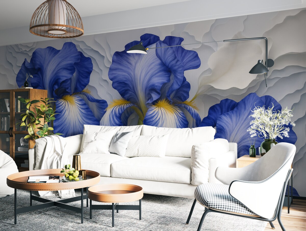 Fototapeta Białe oraz niebieskie irysy w technice akwarelowej.