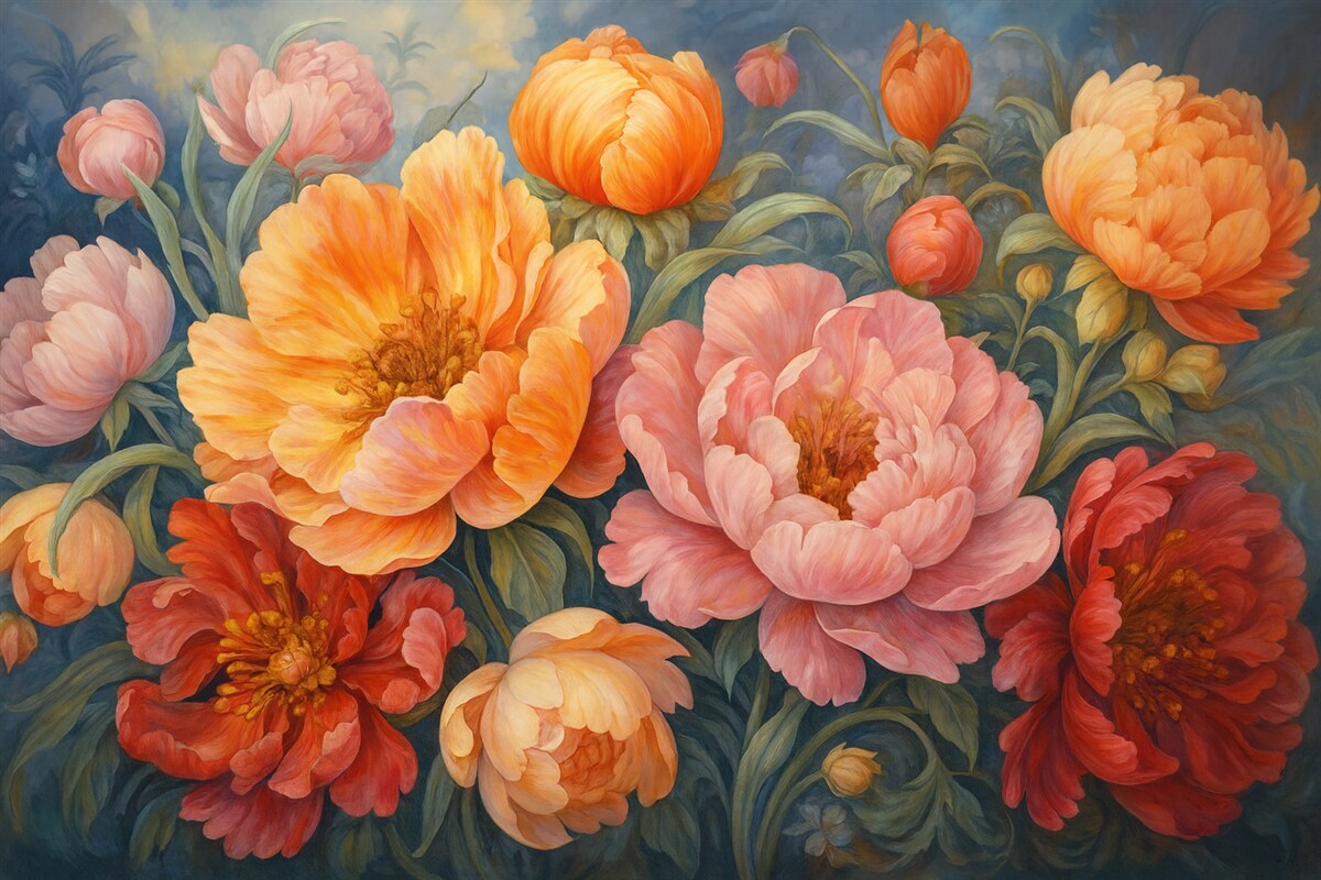 Fototapeta Tulipany oraz piwonie, kwiatowa aranżacja w stylu malarskiego pociągnięcia pędzlem olejnym.