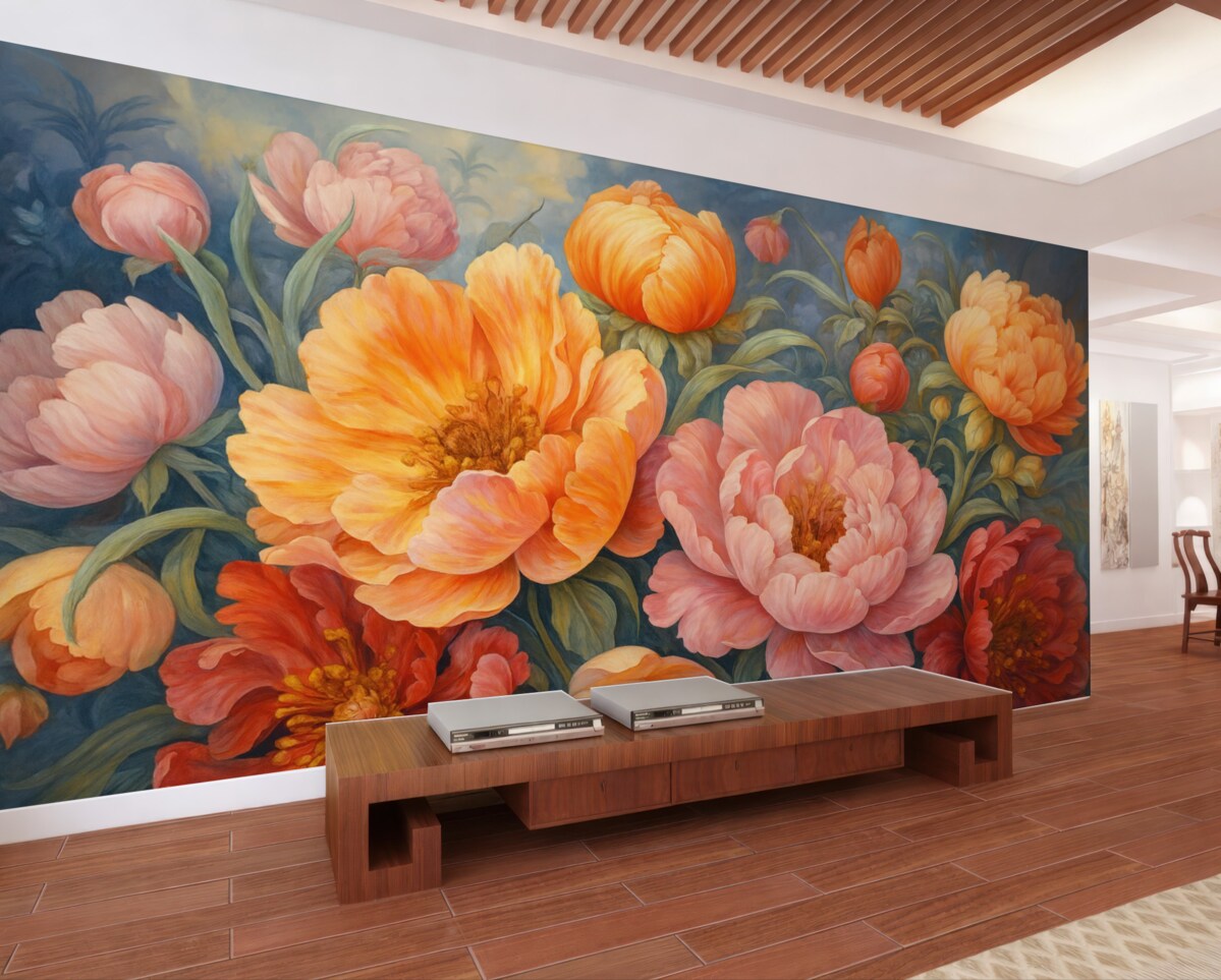 Fototapeta Tulipany oraz piwonie, kwiatowa aranżacja w stylu malarskiego pociągnięcia pędzlem olejnym.