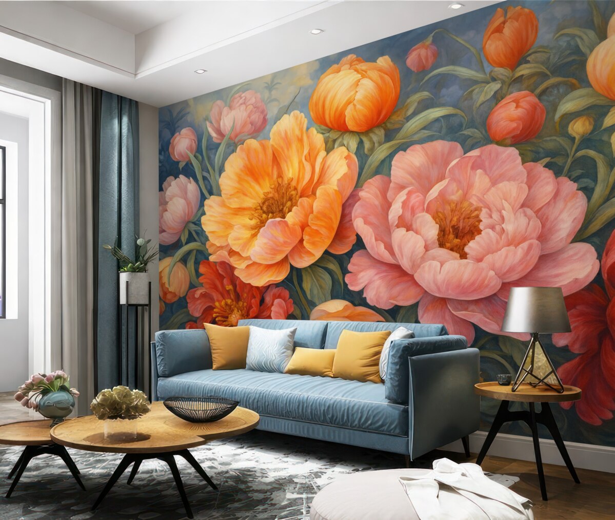 Fototapeta Tulipany oraz piwonie, kwiatowa aranżacja w stylu malarskiego pociągnięcia pędzlem olejnym.