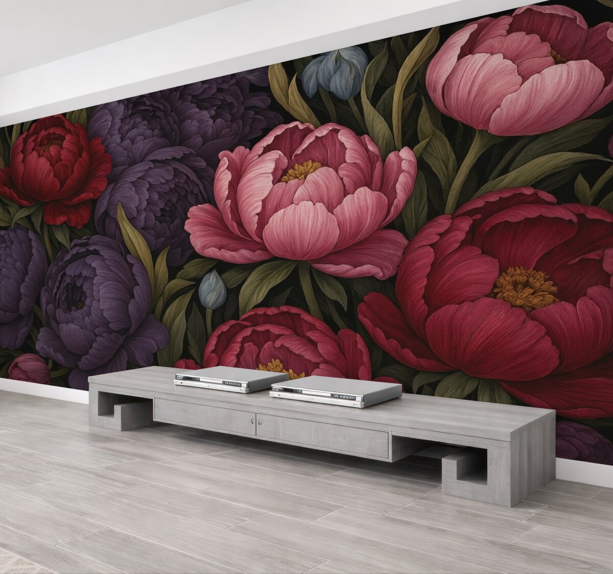 Fototapeta Tulipany oraz peonie w stylu wiktoriańskim, w odcieniach różowym i fioletowym.