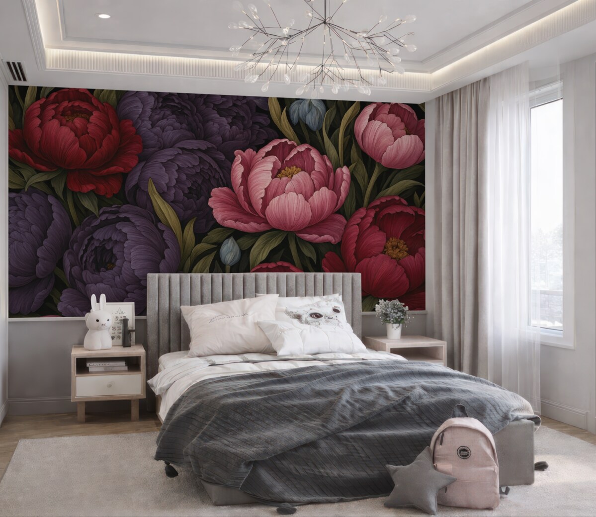 Fototapeta Tulipany oraz peonie w stylu wiktoriańskim, w odcieniach różowym i fioletowym.