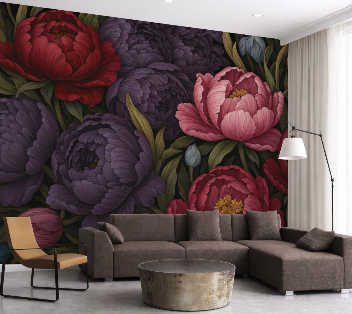 Fototapeta Tulipany oraz peonie w stylu wiktoriańskim, w odcieniach różowym i fioletowym.