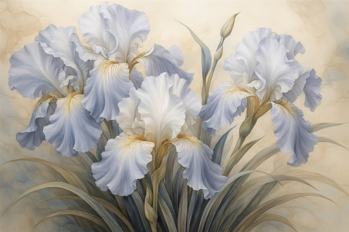 Fototapeta Jasnoskalne i niebieskie irysy w stylu akwareli.