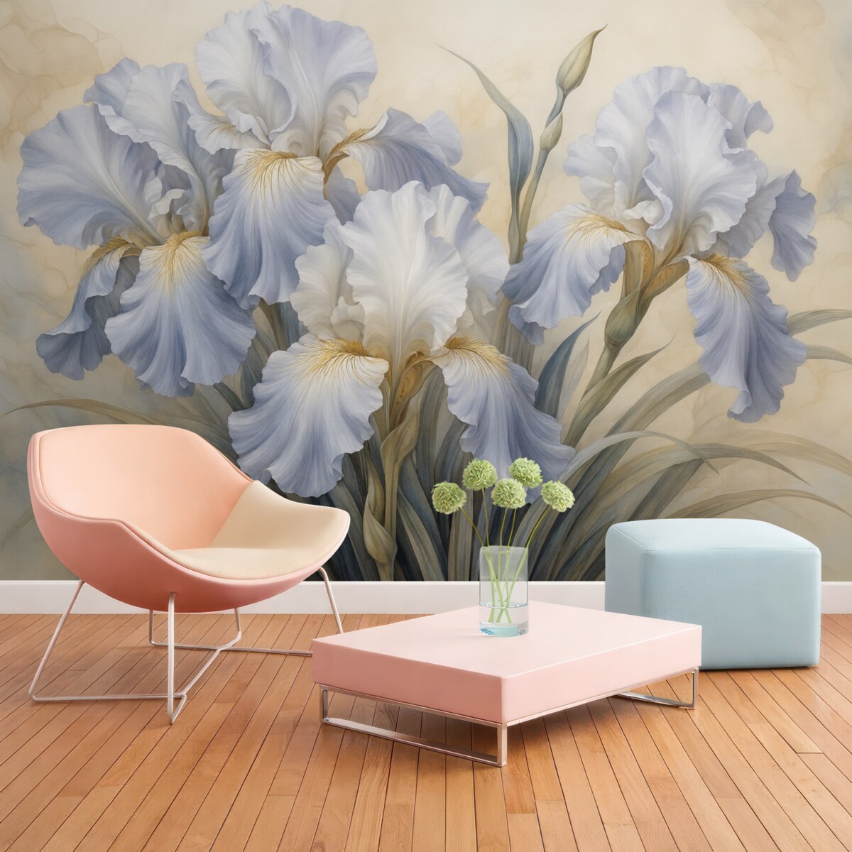 Fototapeta Jasnoskalne i niebieskie irysy w stylu akwareli.