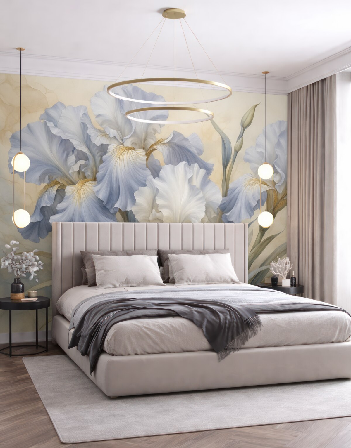 Fototapeta Jasnoskalne i niebieskie irysy w stylu akwareli.