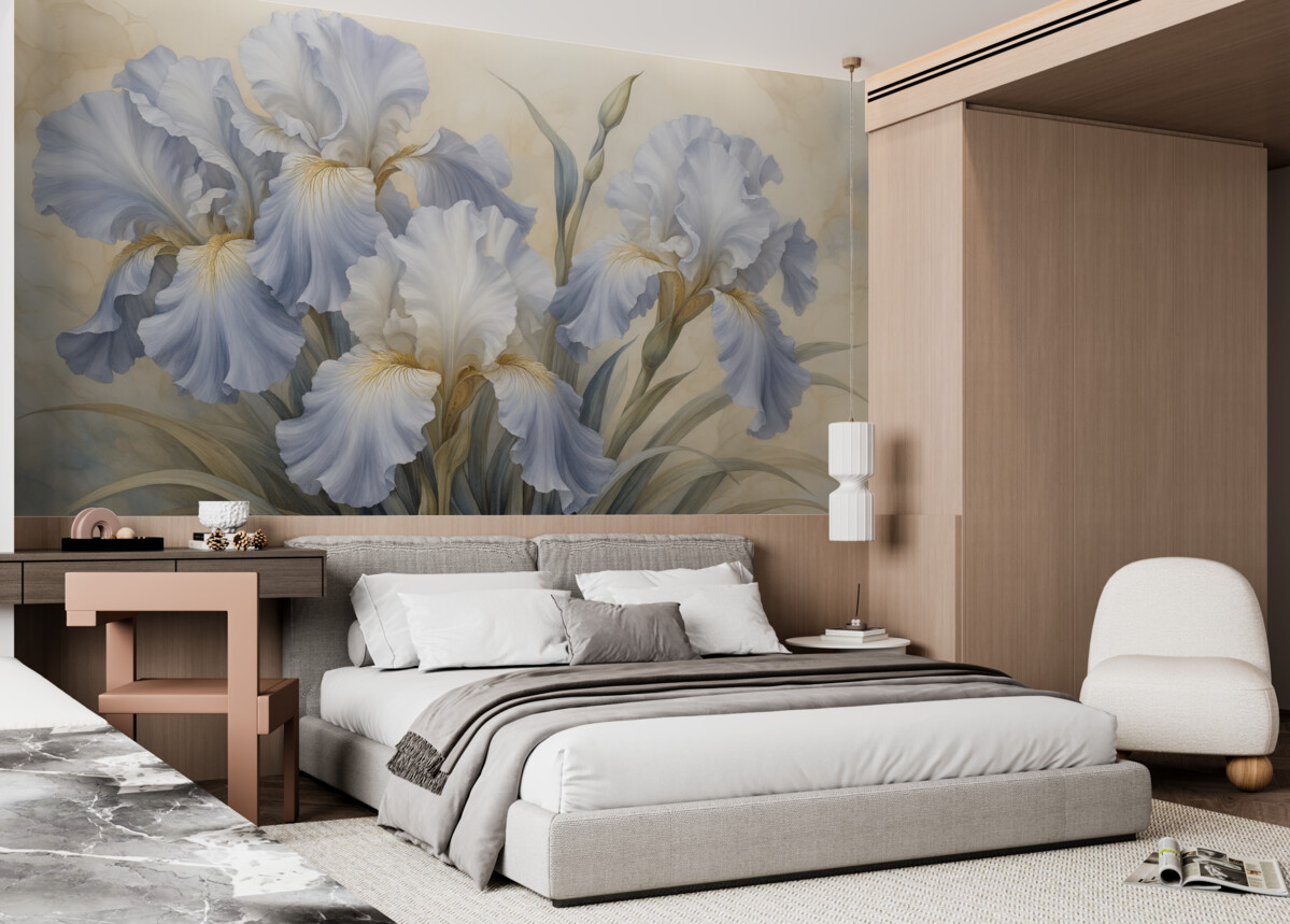 Fototapeta Jasnoskalne i niebieskie irysy w stylu akwareli.