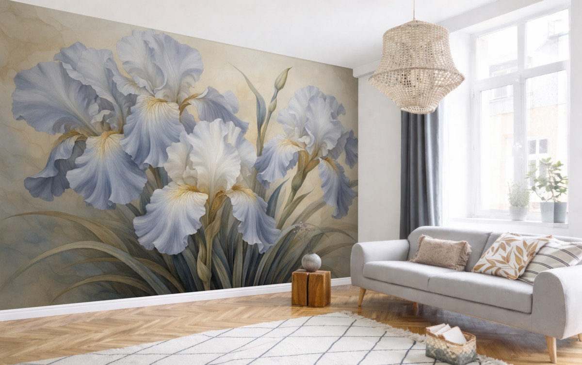 Fototapeta Jasnoskalne i niebieskie irysy w stylu akwareli.