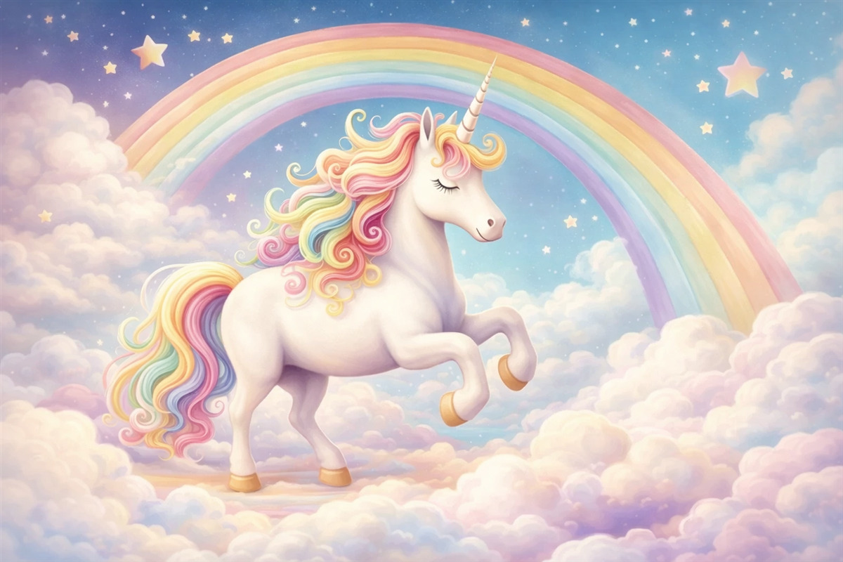 Fototapeta Jednorożec z tęczą, chmurkami i gwiaździstym niebem.
