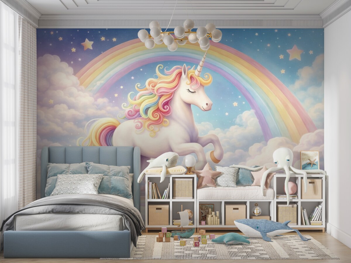 Fototapeta Jednorożec z tęczą, chmurkami i gwiaździstym niebem.