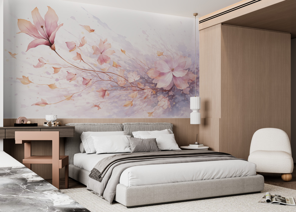 Fototapeta Kwiat z opadającymi płatkami powiewającymi na wietrze w stylu akwareli.