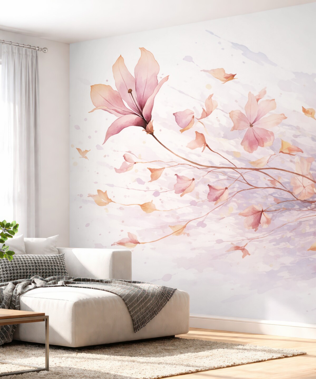 Fototapeta Kwiat z opadającymi płatkami powiewającymi na wietrze w stylu akwareli.