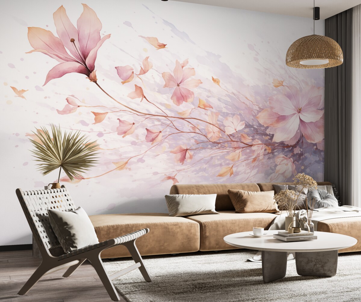 Fototapeta Kwiat z opadającymi płatkami powiewającymi na wietrze w stylu akwareli.