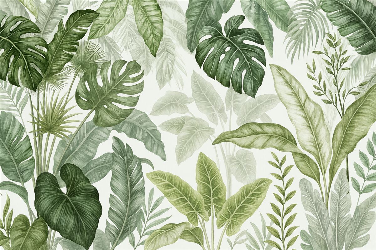 Fototapeta Przezroczyste tropikalne liście w różnych odcieniach zieleni na jasnym tle.