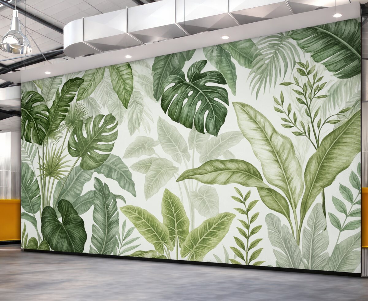 Fototapeta Przezroczyste tropikalne liście w różnych odcieniach zieleni na jasnym tle.