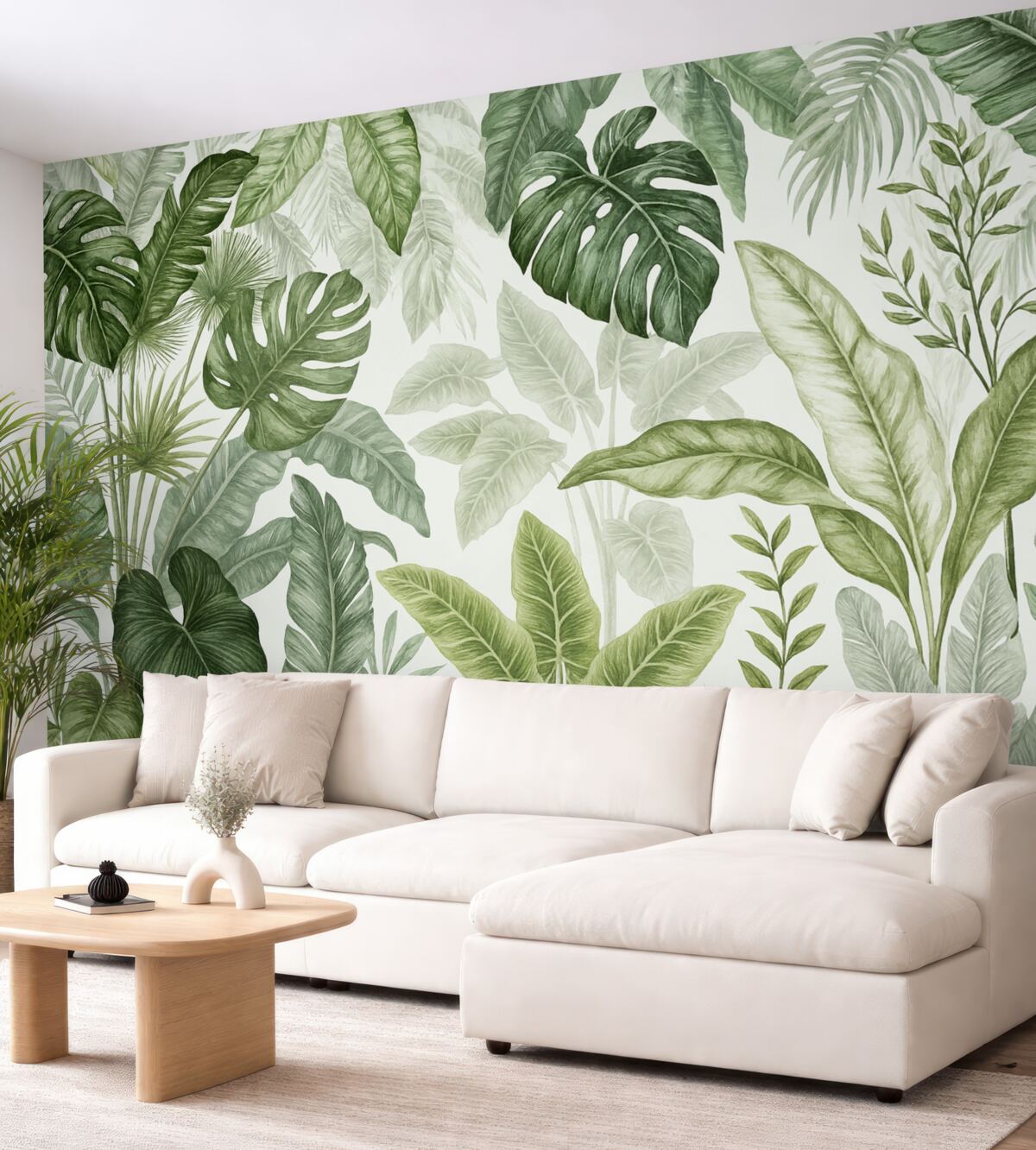 Fototapeta Przezroczyste tropikalne liście w różnych odcieniach zieleni na jasnym tle.