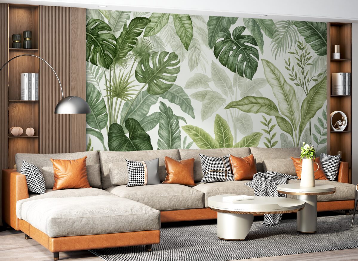 Fototapeta Przezroczyste tropikalne liście w różnych odcieniach zieleni na jasnym tle.