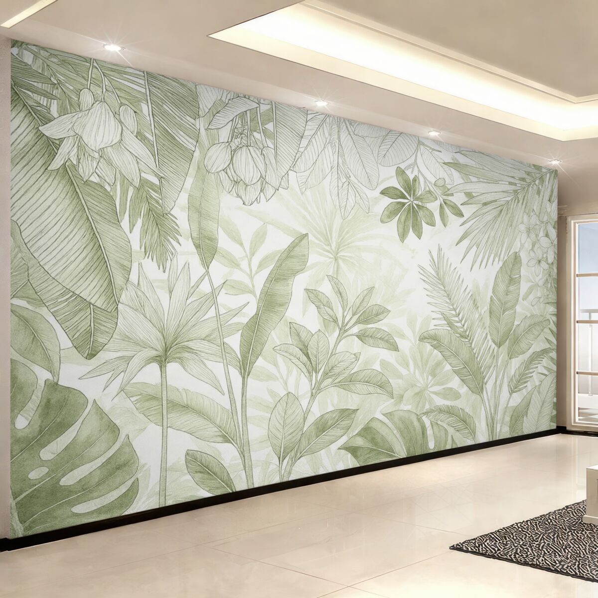 Fototapeta Zielona dżungla, tropikalne rośliny oraz liście na jasnym tle.