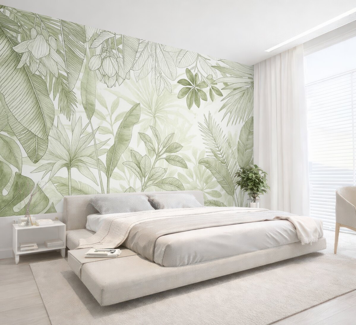 Fototapeta Zielona dżungla, tropikalne rośliny oraz liście na jasnym tle.