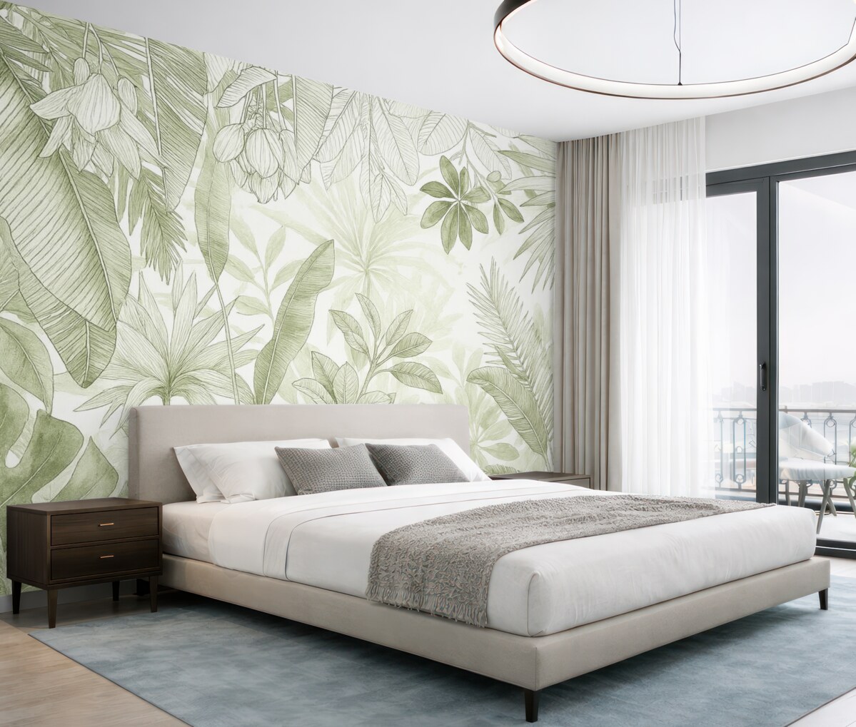 Fototapeta Zielona dżungla, tropikalne rośliny oraz liście na jasnym tle.