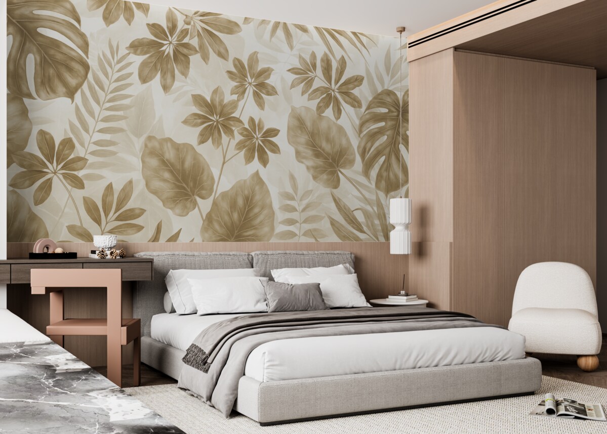 Fototapeta Tropikalne jasnobeżowe subtelne liście na białym tle.