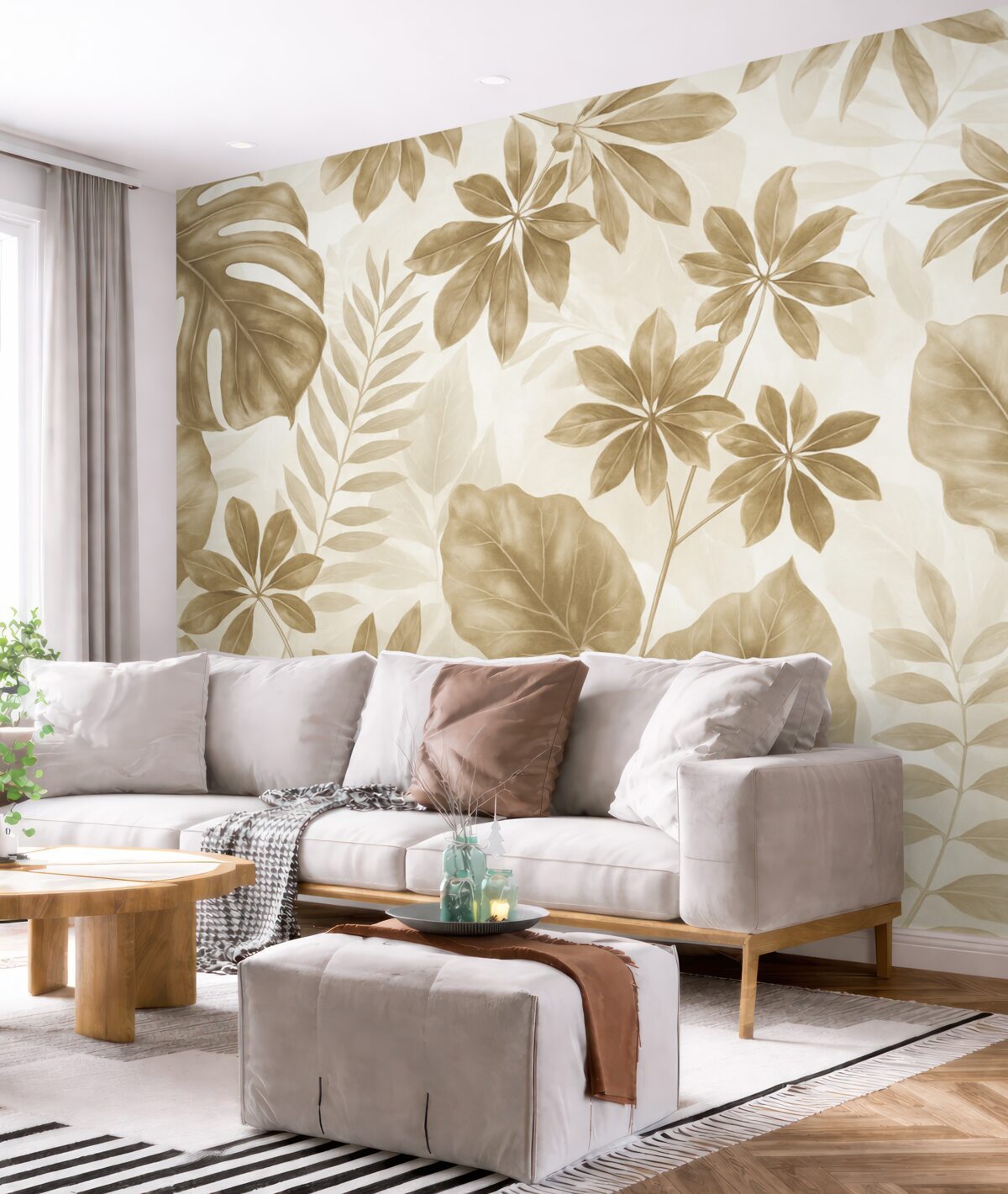 Fototapeta Tropikalne jasnobeżowe subtelne liście na białym tle.