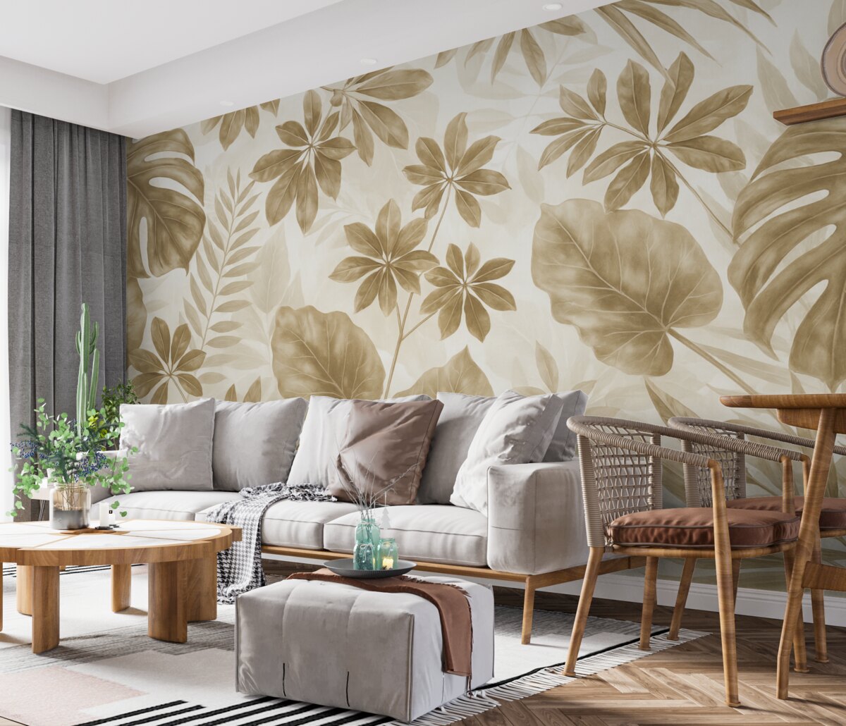 Fototapeta Tropikalne jasnobeżowe subtelne liście na białym tle.