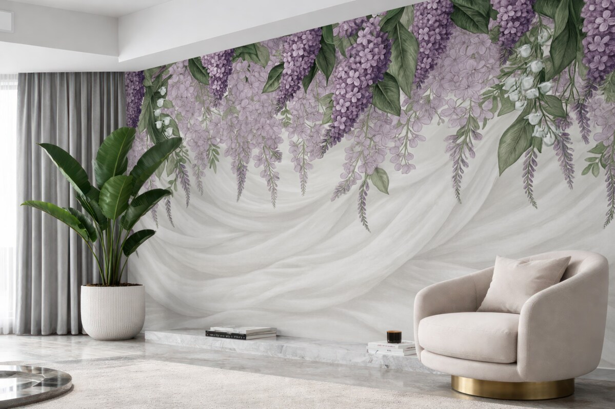 Fototapeta Pastelowe fioletowe kwiaty oraz zielone liście na białym tle z fakturą nawiązującą do jedwabiu.