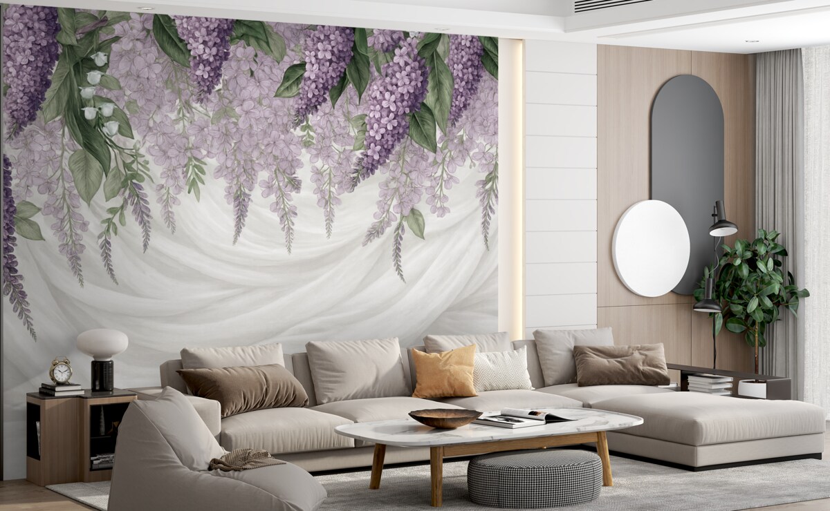 Fototapeta Pastelowe fioletowe kwiaty oraz zielone liście na białym tle z fakturą nawiązującą do jedwabiu.