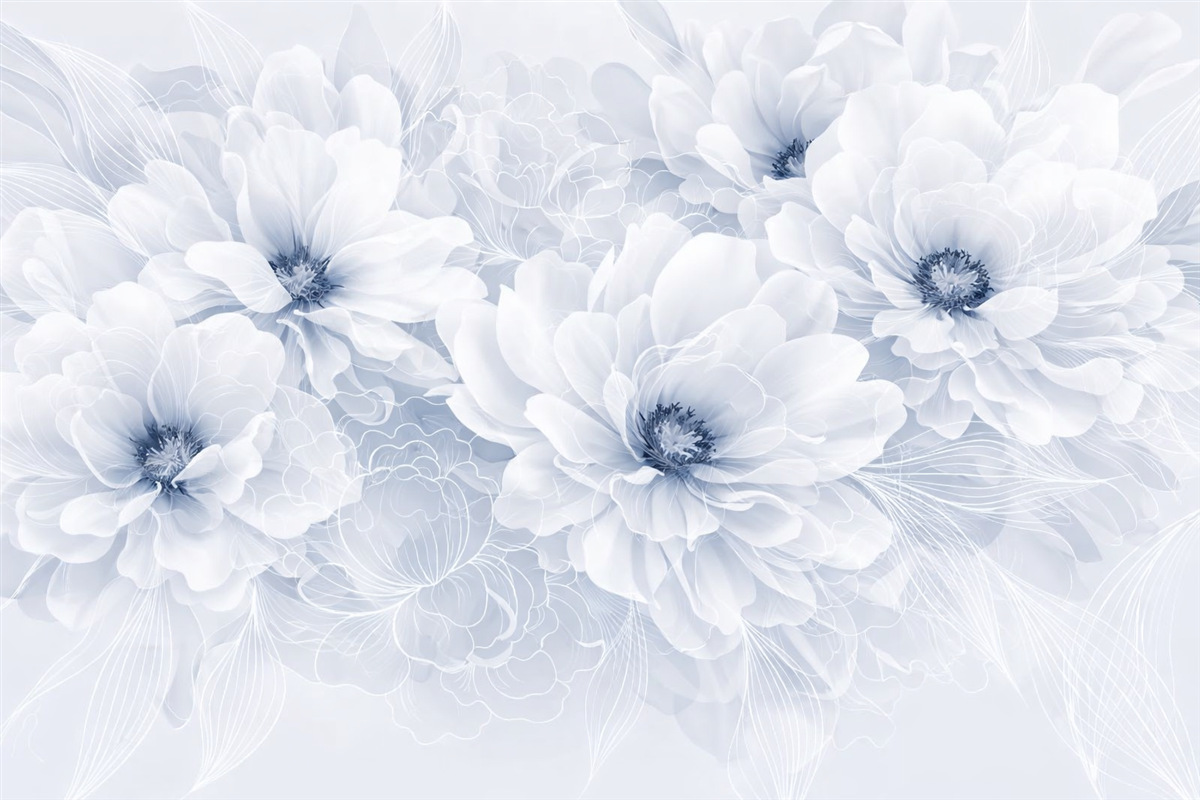 Fototapeta Pastelowe kwiaty piwonii z białymi i niebieskimi subtelnymi płatkami oraz białymi liniami na jasnoniebieskim tle.