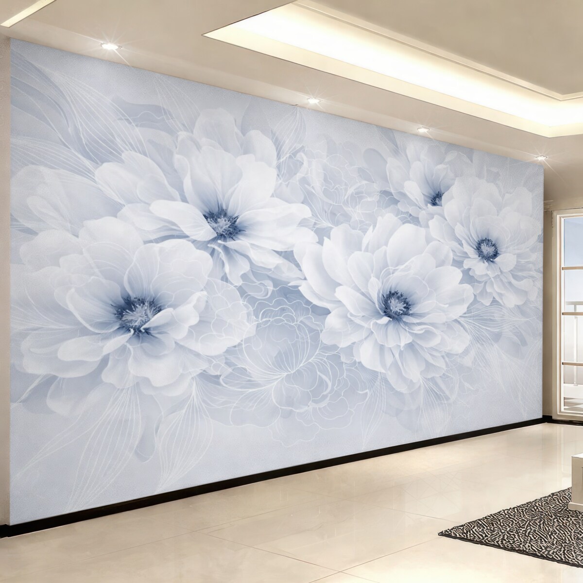 Fototapeta Pastelowe kwiaty piwonii z białymi i niebieskimi subtelnymi płatkami oraz białymi liniami na jasnoniebieskim tle.