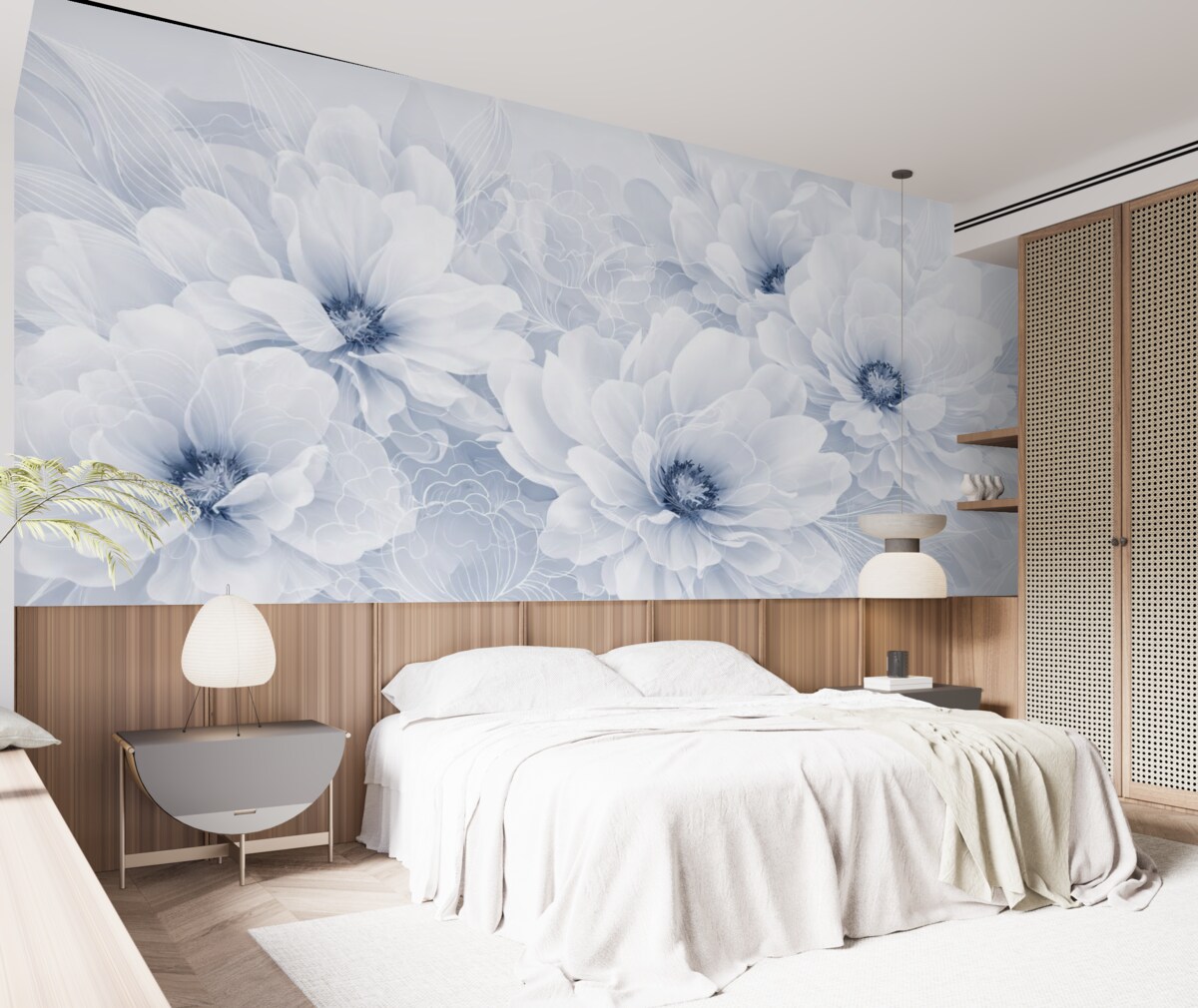 Fototapeta Pastelowe kwiaty piwonii z białymi i niebieskimi subtelnymi płatkami oraz białymi liniami na jasnoniebieskim tle.