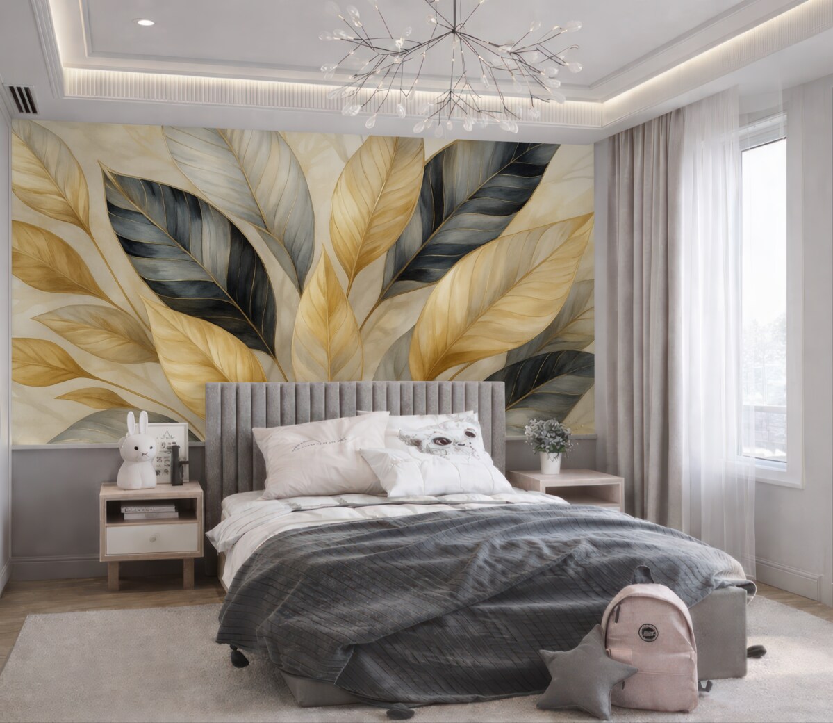 Fototapeta Żółte, szare oraz białe subtelne duże liście na białym abstrakcyjnym tle teksturalnym.