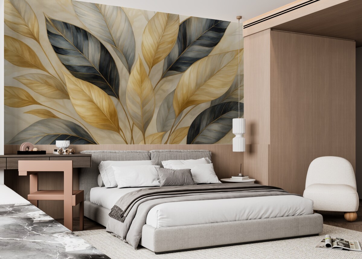 Fototapeta Żółte, szare oraz białe subtelne duże liście na białym abstrakcyjnym tle teksturalnym.