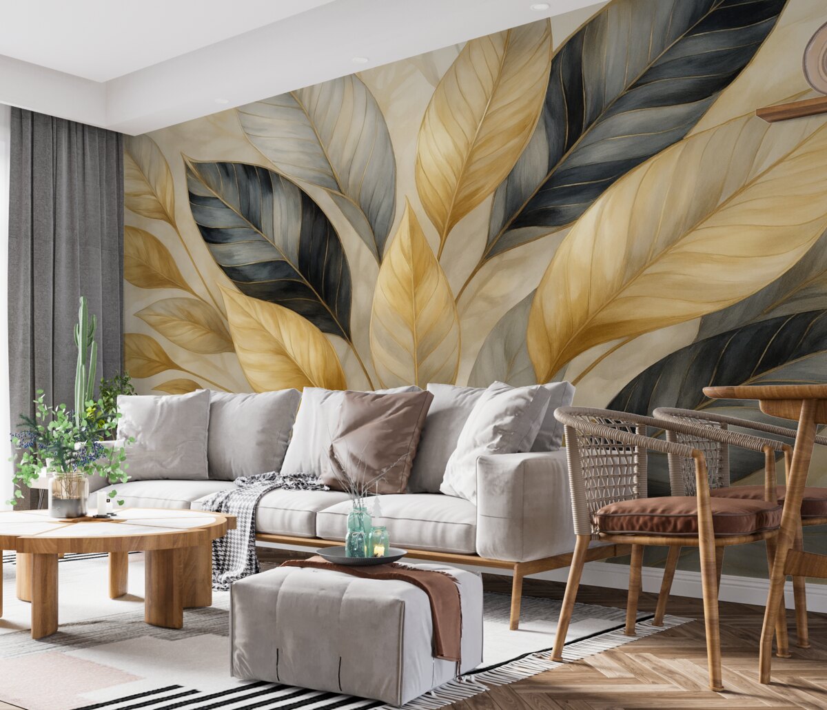 Fototapeta Żółte, szare oraz białe subtelne duże liście na białym abstrakcyjnym tle teksturalnym.