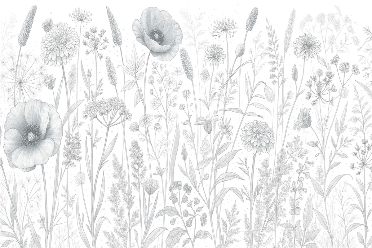 Fototapeta Łąka pełna wysokich roślin kwiatowych i trawy w jasnoniebieskich, pastelowych kolorach na białym tle.