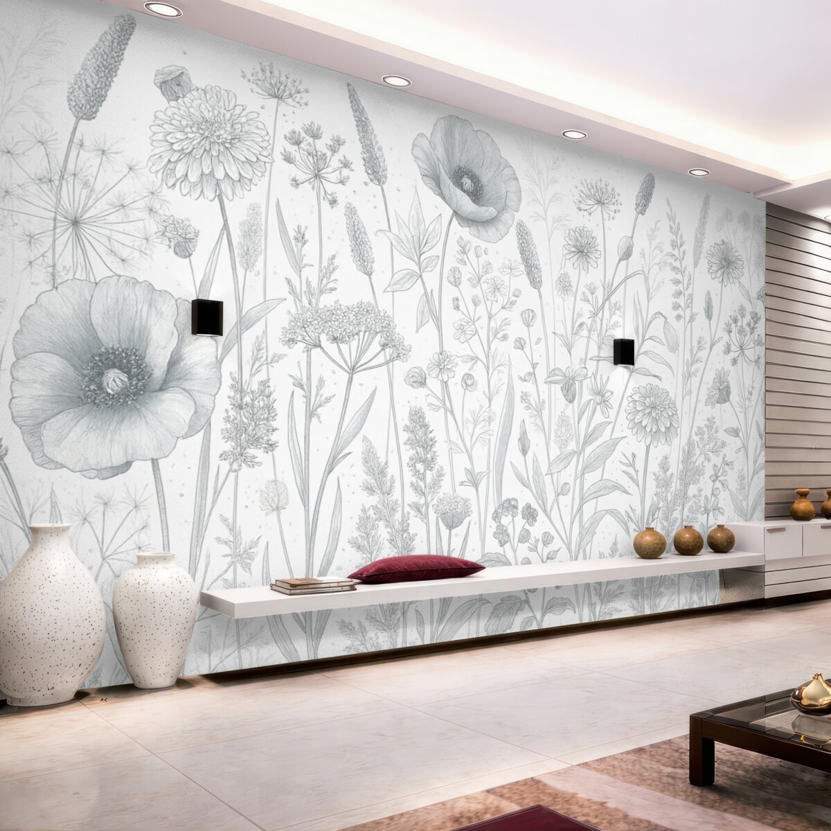 Fototapeta Łąka pełna wysokich roślin kwiatowych i trawy w jasnoniebieskich, pastelowych kolorach na białym tle.