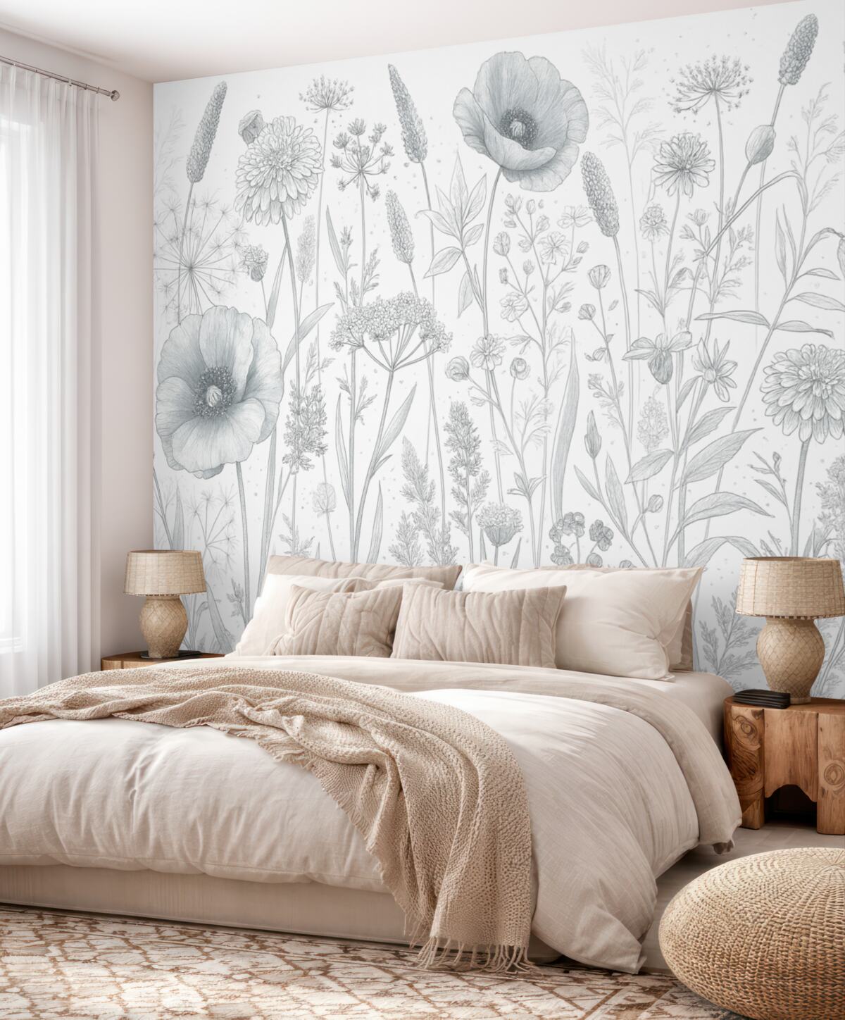 Fototapeta Łąka pełna wysokich roślin kwiatowych i trawy w jasnoniebieskich, pastelowych kolorach na białym tle.