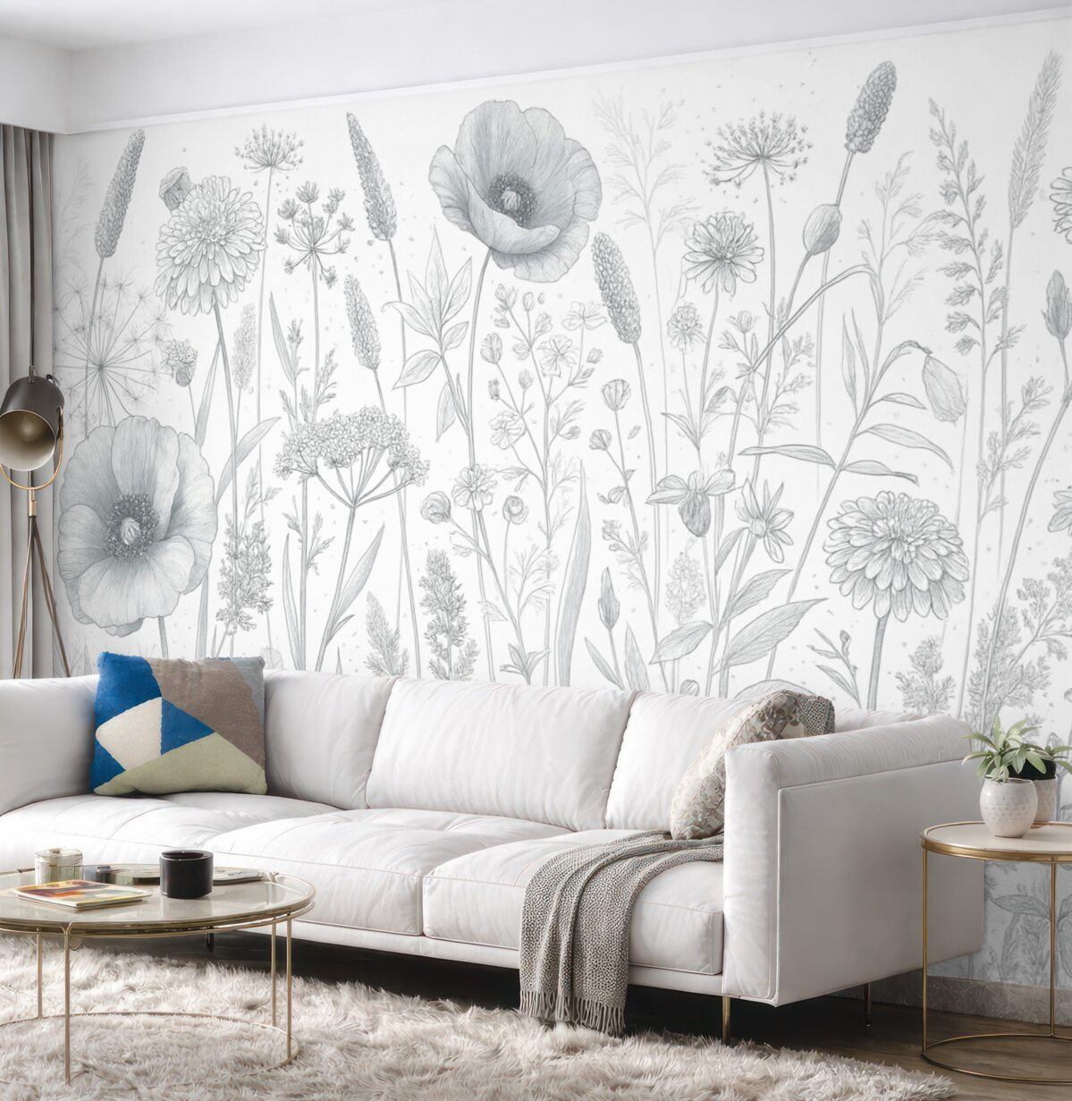 Fototapeta Łąka pełna wysokich roślin kwiatowych i trawy w jasnoniebieskich, pastelowych kolorach na białym tle.