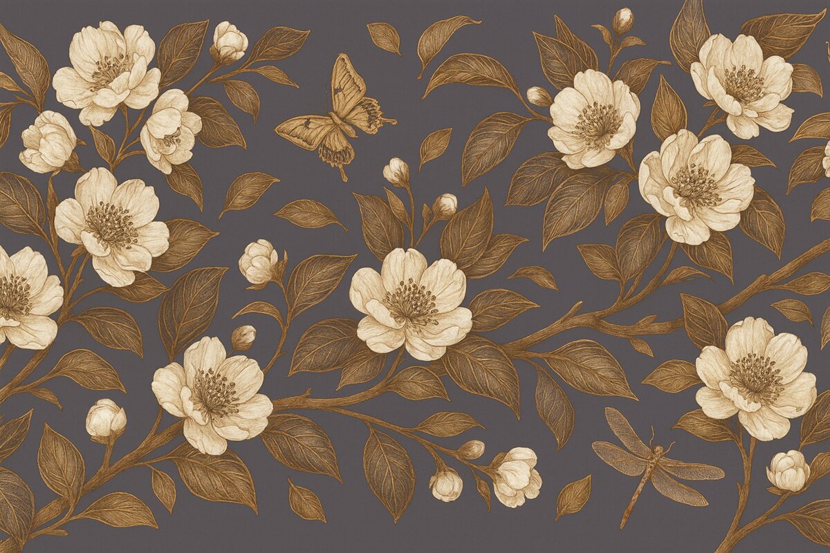 Fototapeta Gałązka kwitnącej wiśni z kwiatami, liśćmi i motylami na ciemnoszarym tle.