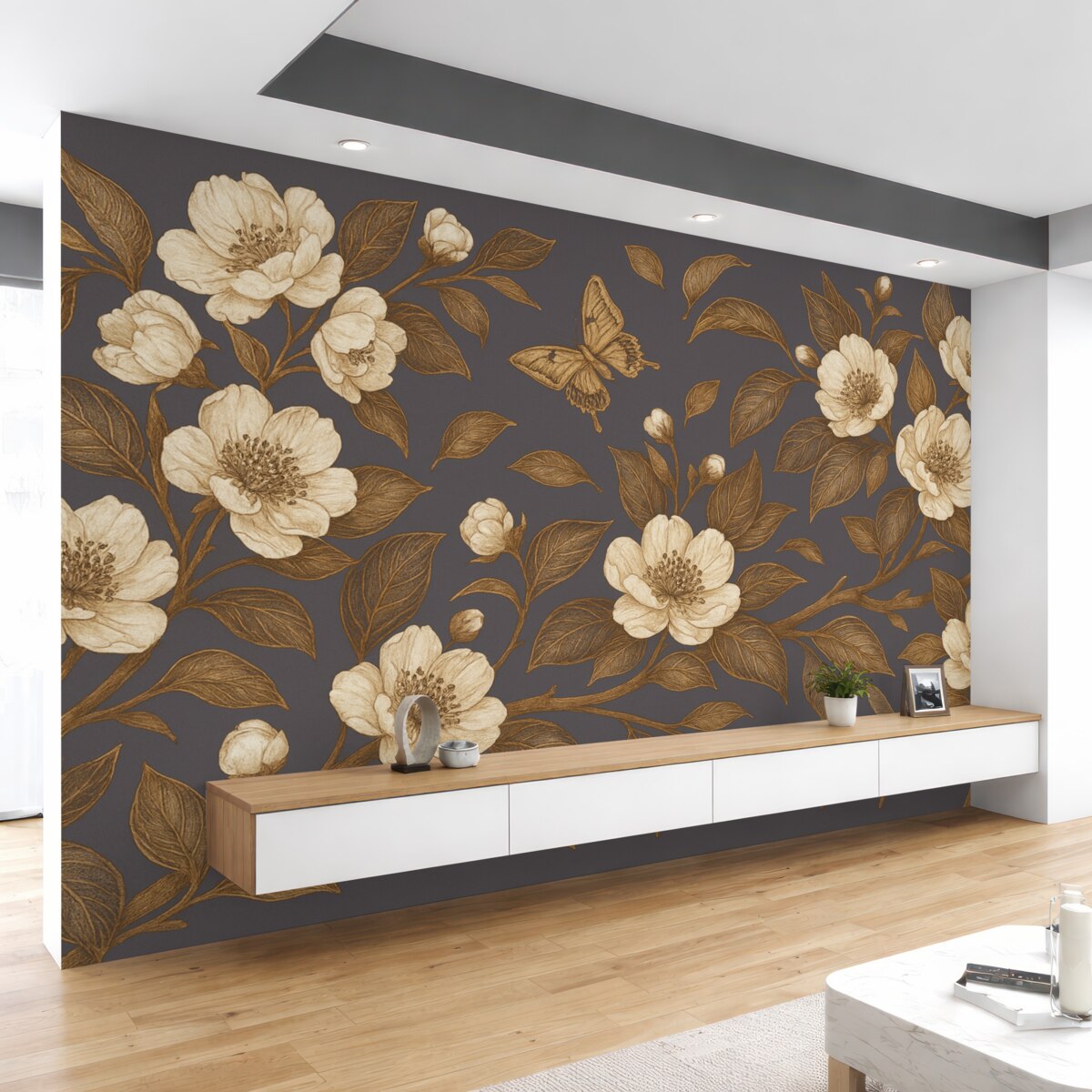 Fototapeta Gałązka kwitnącej wiśni z kwiatami, liśćmi i motylami na ciemnoszarym tle.