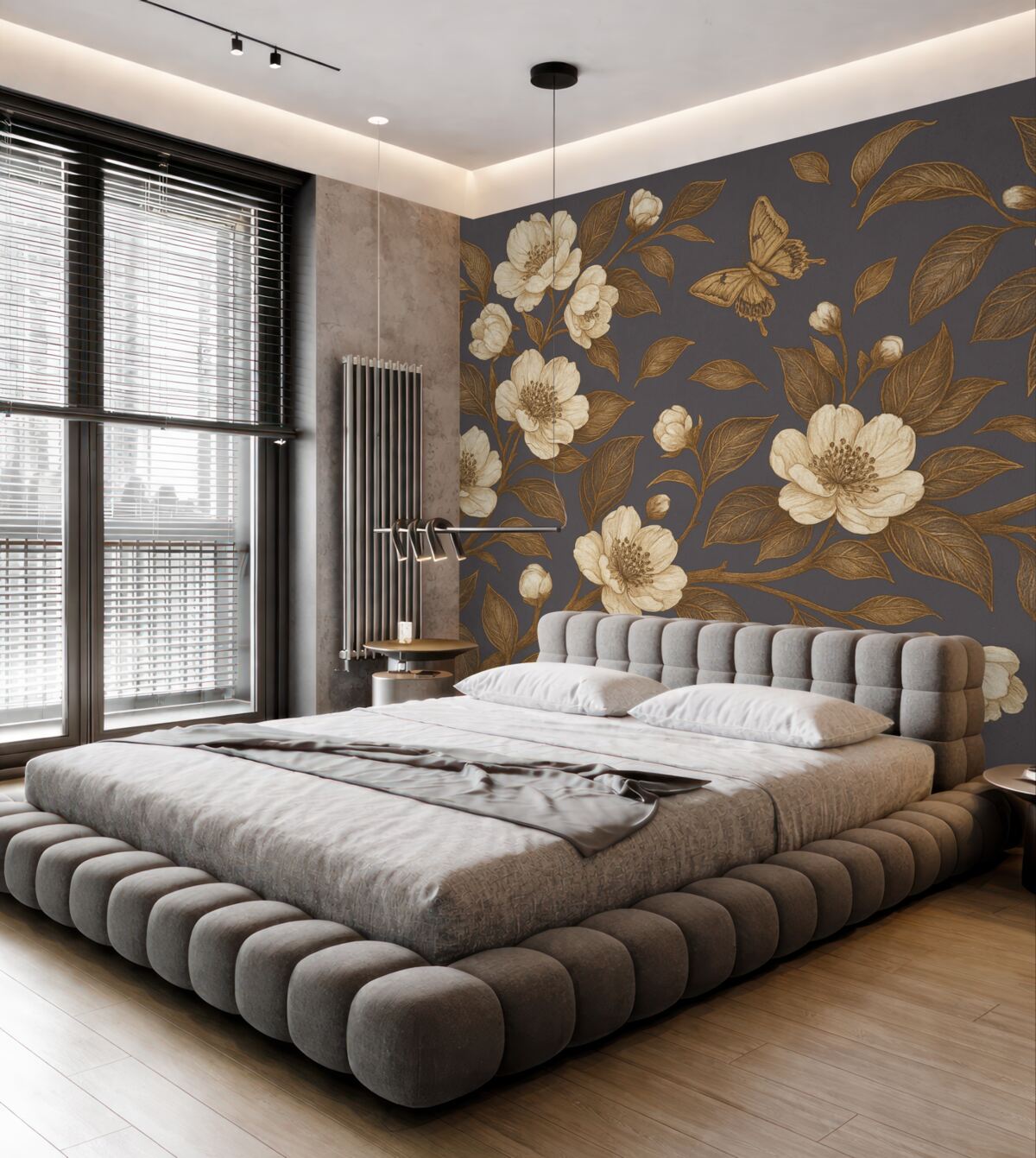 Fototapeta Gałązka kwitnącej wiśni z kwiatami, liśćmi i motylami na ciemnoszarym tle.