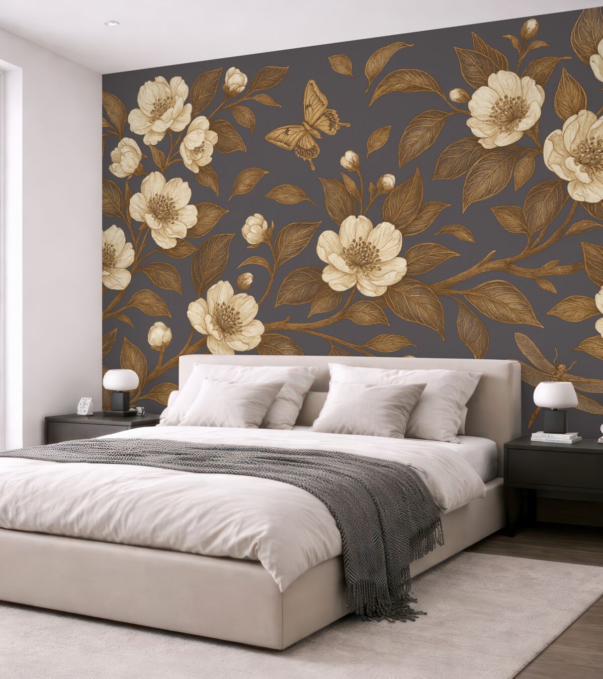 Fototapeta Gałązka kwitnącej wiśni z kwiatami, liśćmi i motylami na ciemnoszarym tle.