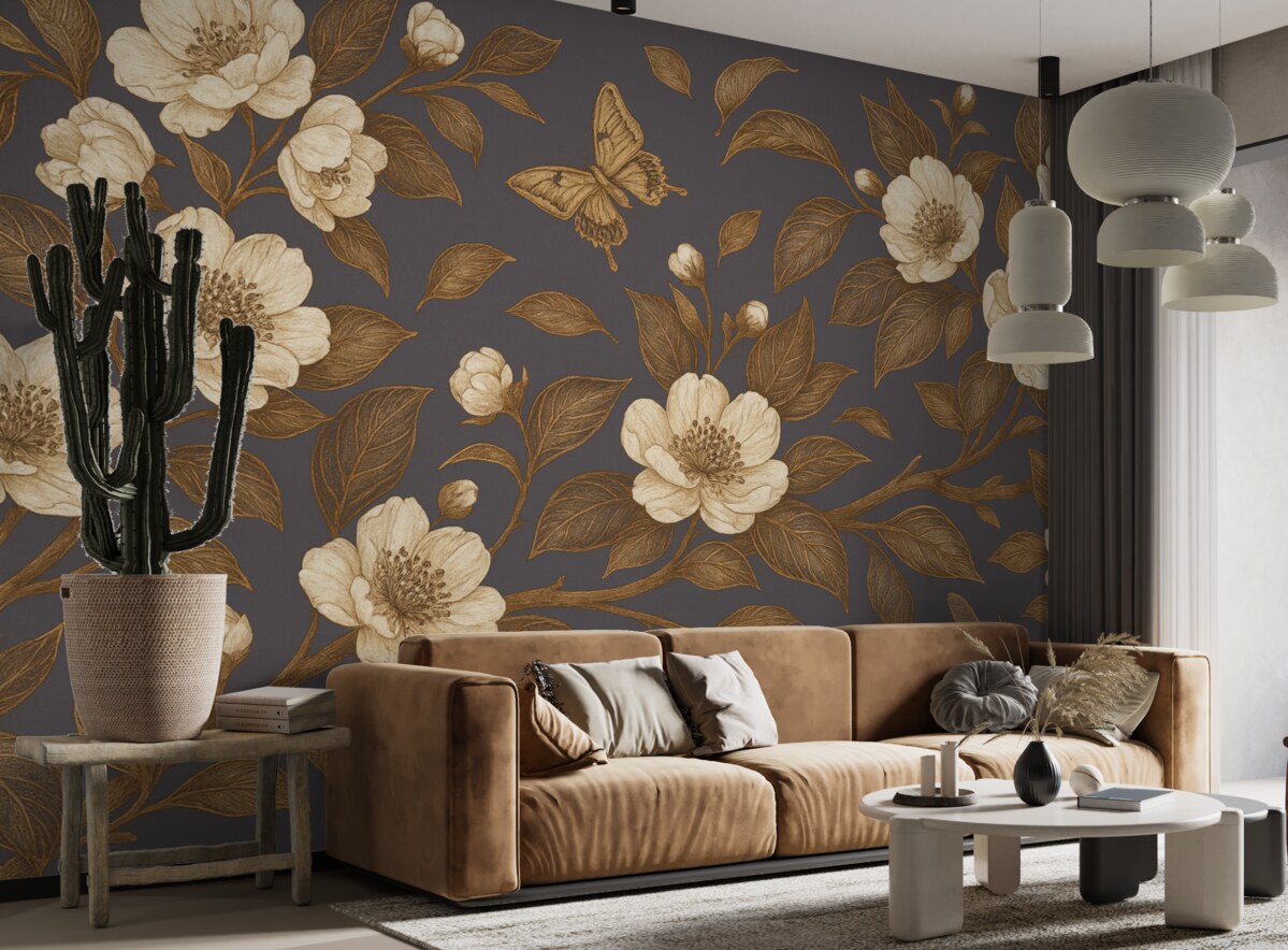 Fototapeta Gałązka kwitnącej wiśni z kwiatami, liśćmi i motylami na ciemnoszarym tle.